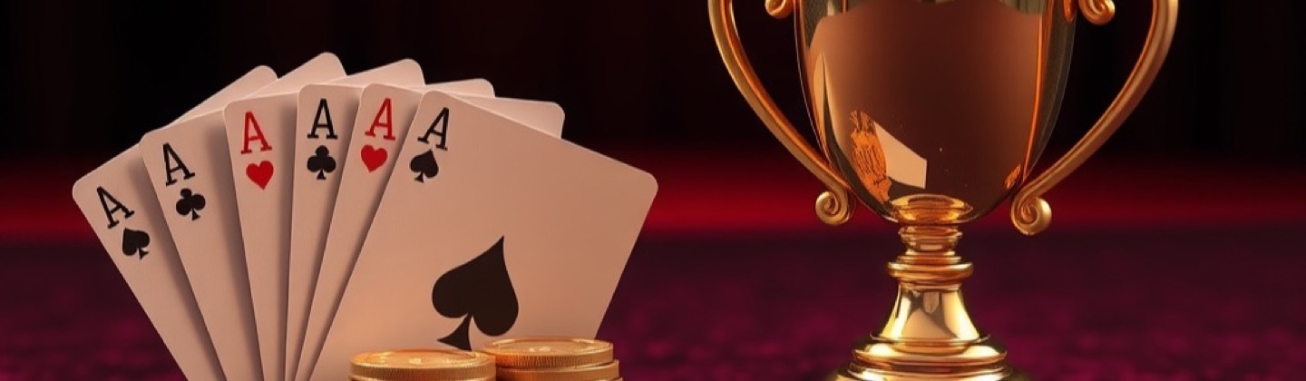 Rummy Winner rummy game app collection with a gold trophy, fanned playing cards and gold coins